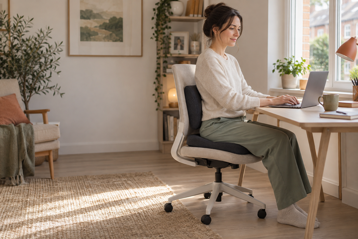 Remote worker using a seat cushion and lumbar support cushion at a home-office desk