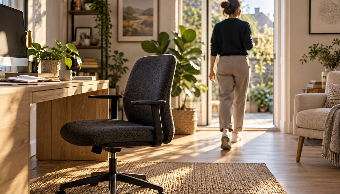 An empty office chair in the foreground as a person takes a break from a sunlit home workspace.