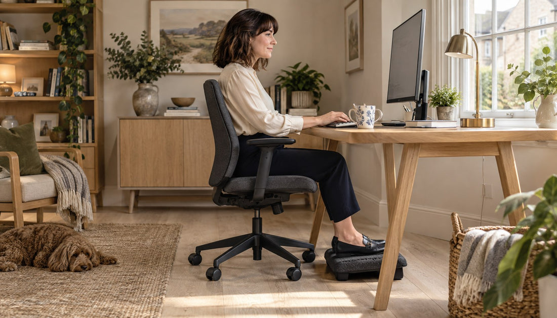 Side view of a shorter adult at a home-office desk with feet supported on a footrest.