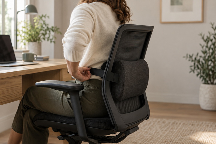Person adjusting a lumbar support cushion in the natural curve of the lower back