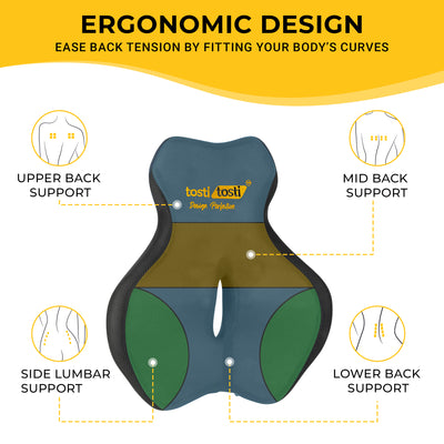 Contoured back cushion showing upper, middle, side and lower support zones
