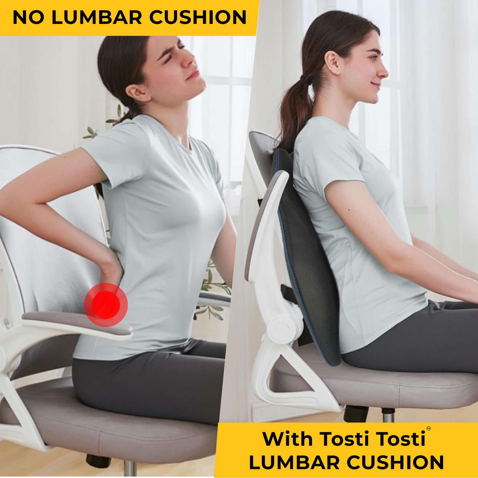Ergonomic back cushion supporting the natural curve of the lower and middle back