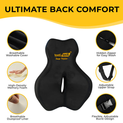 Charcoal memory foam back cushion with breathable washable cover and adjustable strap