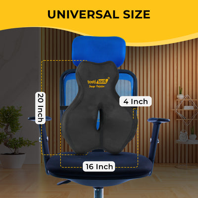 Universal-size back support cushion measuring 20 by 16 by 4 inches on a chair