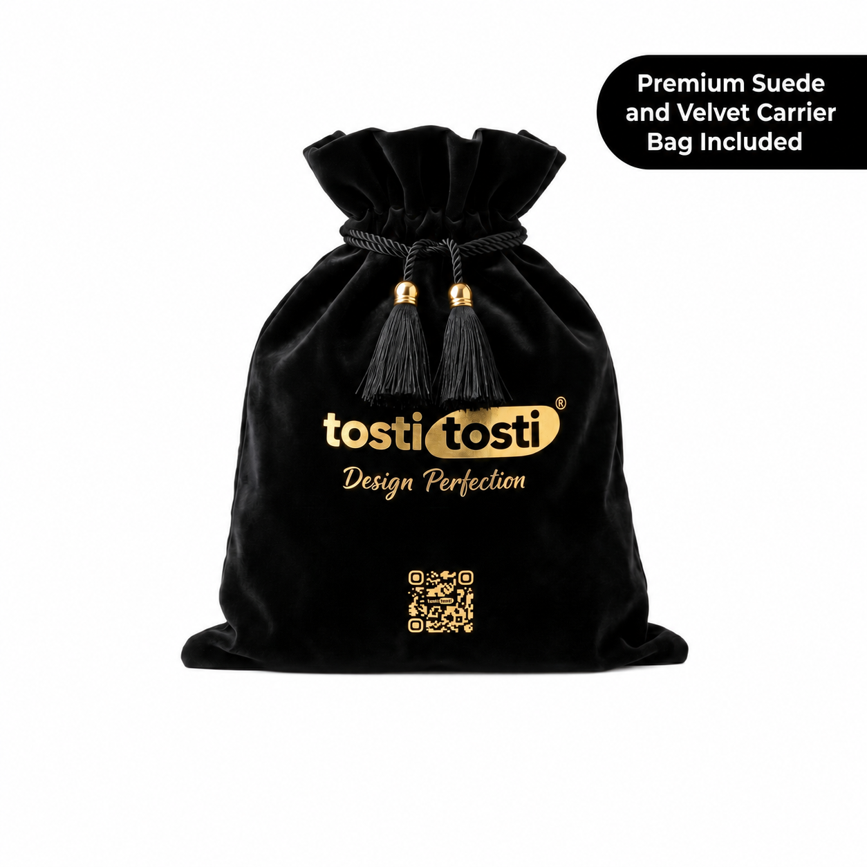 Premium velvet suede carry bag included with the TostiTosti seat cushion
