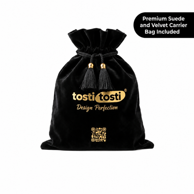 Premium velvet suede carry bag included with the TostiTosti seat cushion