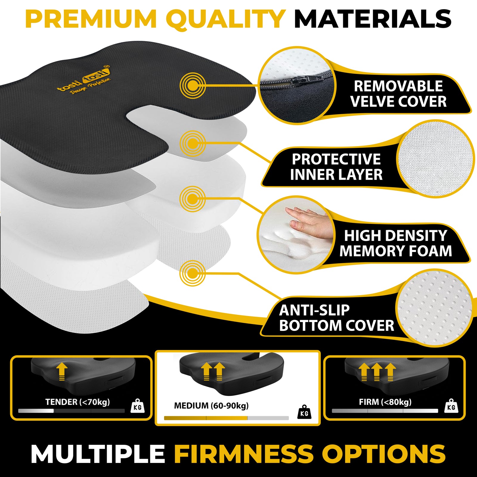 TostiTosti seat cushion layers with breathable cover, memory foam and non-slip base