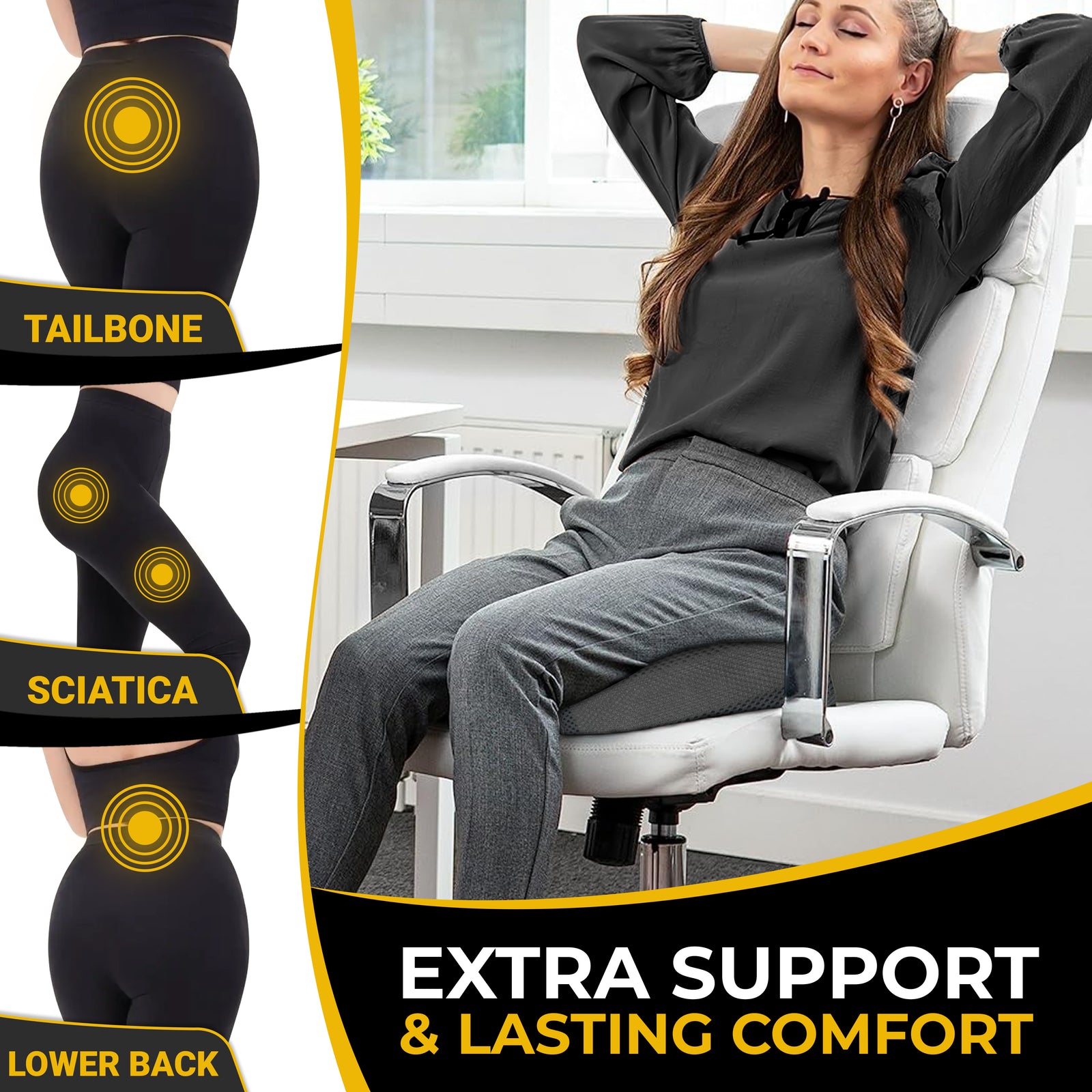 Seat cushion supporting hips, thighs and tailbone on an office chair