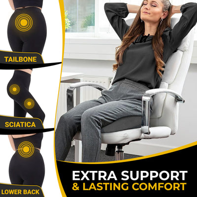 Seat cushion supporting hips, thighs and tailbone on an office chair