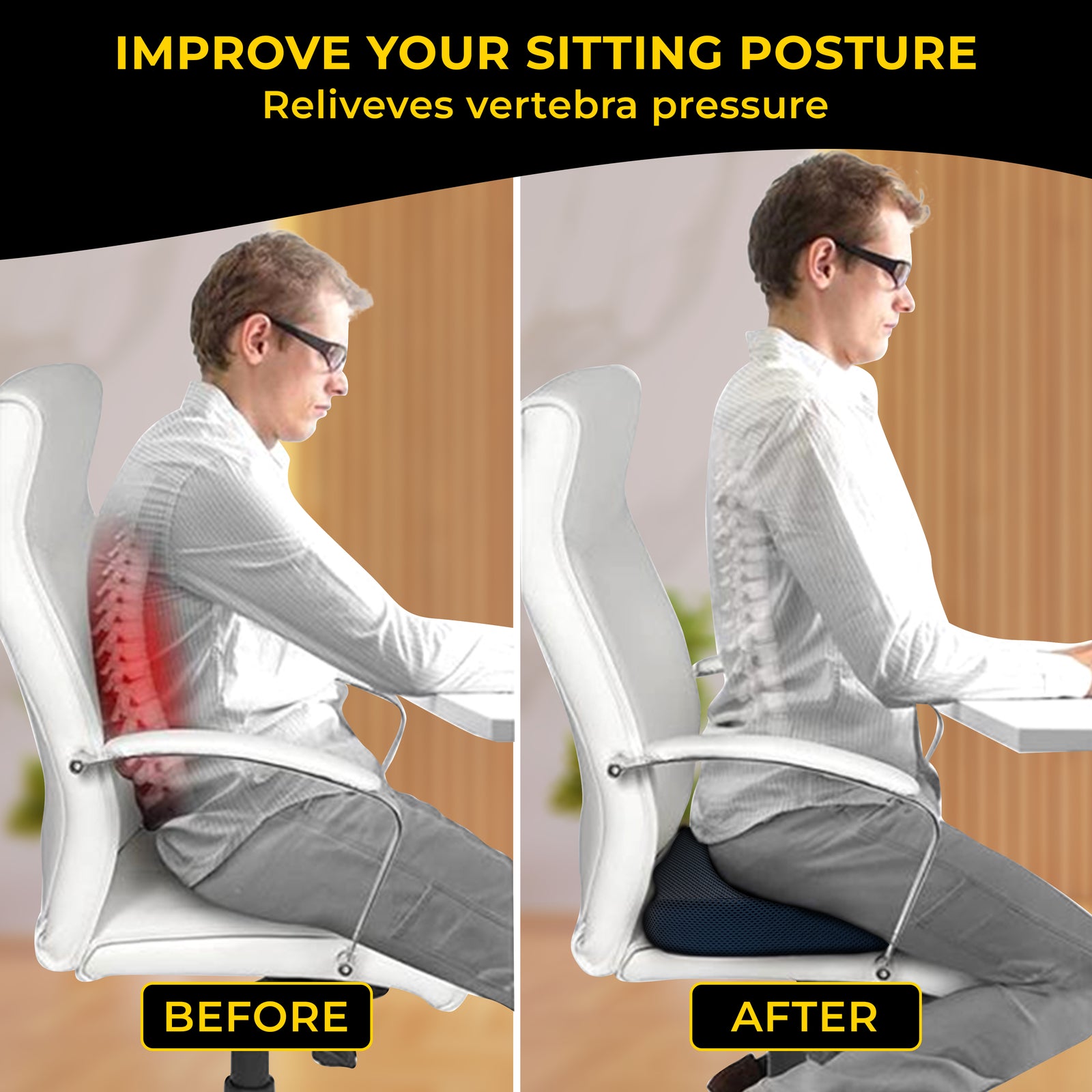 Ergonomic seat cushion encouraging a more comfortable sitting position